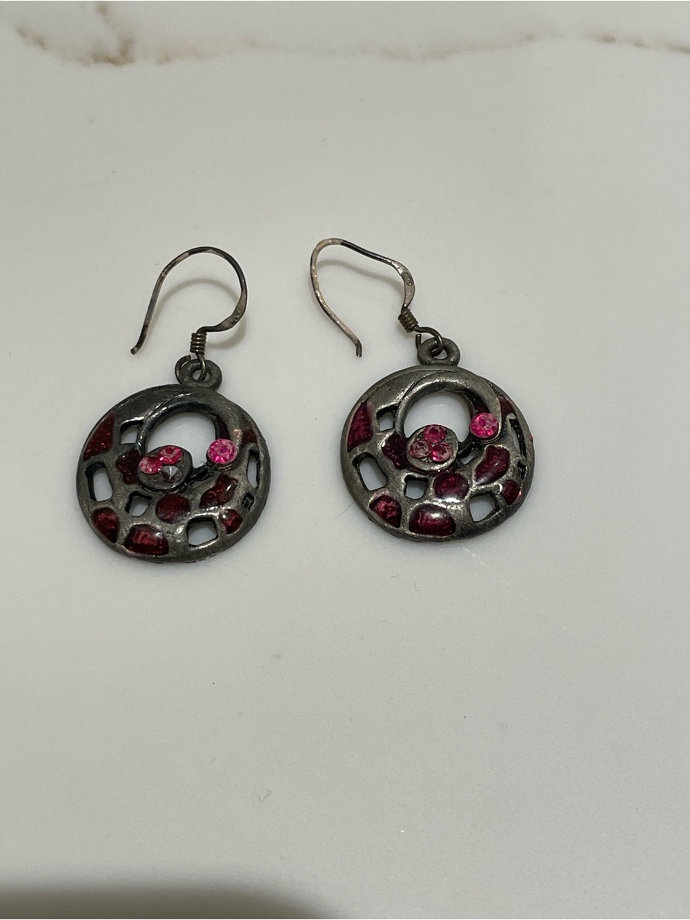Round Drop Earrings with Pink Stone Accents